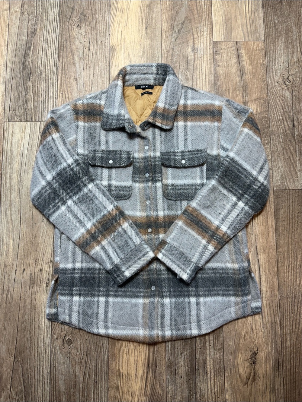 Miss Me Grey Brown Plaid Flannel Shacket Lined Shirt Jacket Small